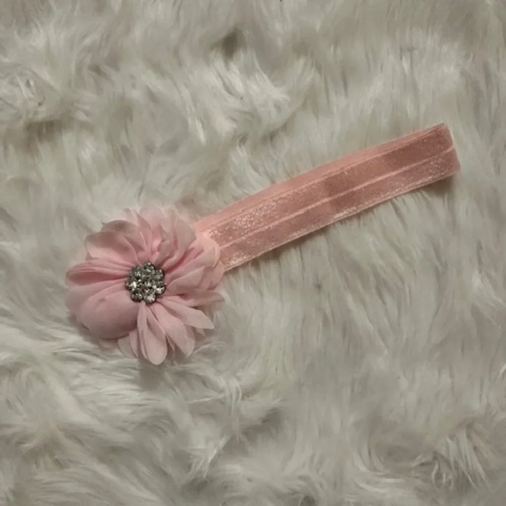 Pink Rounded Flower on FOE elastic Headband 7602   Handmade Boutique